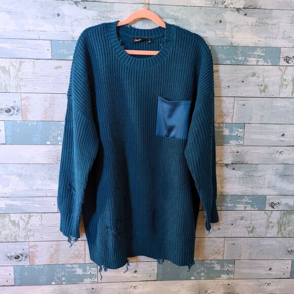 EUC Torrid Size 1X Lovesick Distressed Satin Pocket Pullover Sweater - Picture 2 of 4